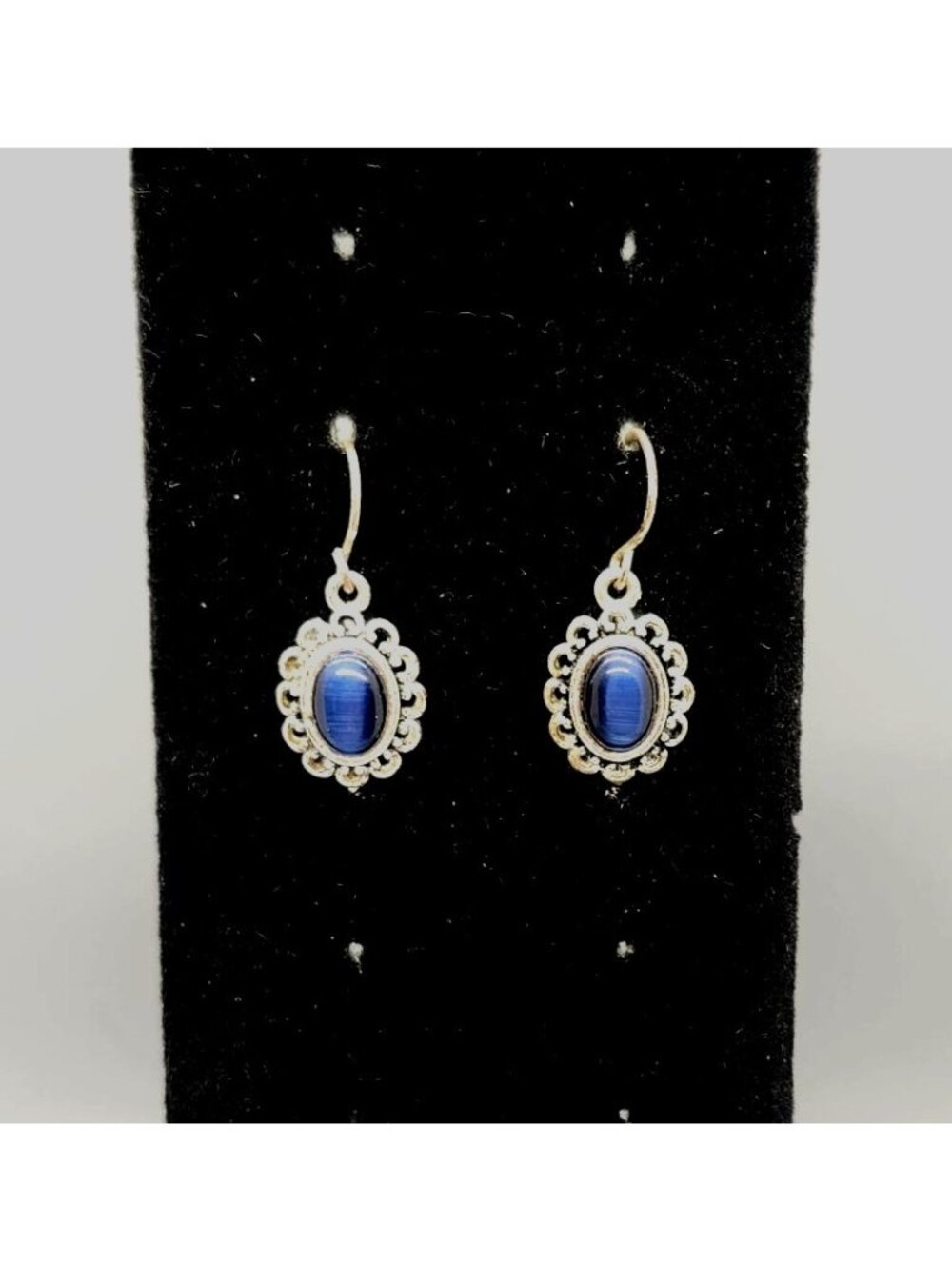 Vintage Silver Drop Earrings With Blue Oval Stone And Ornate Design